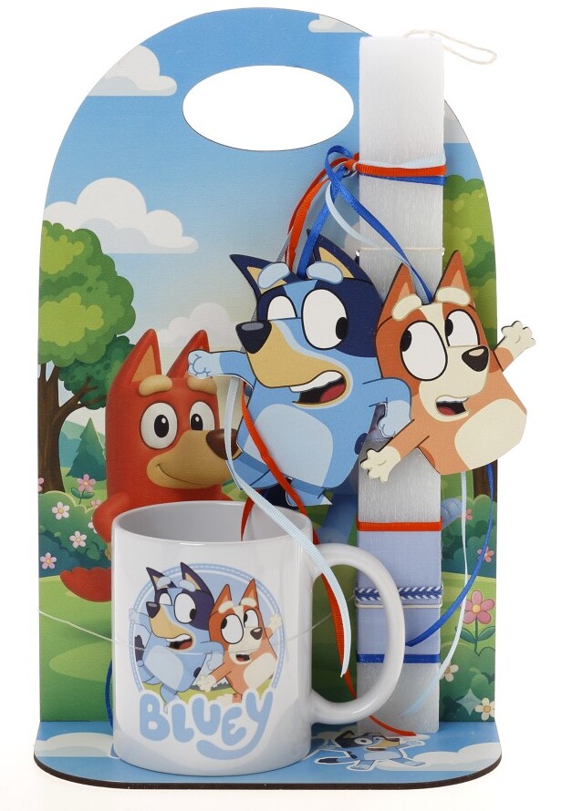 Πασχαλινό Σετ Δώρου Bluey: Αρωματική Λαμπάδα, Κεραμική Κούπα & Ξύλινη Βάση