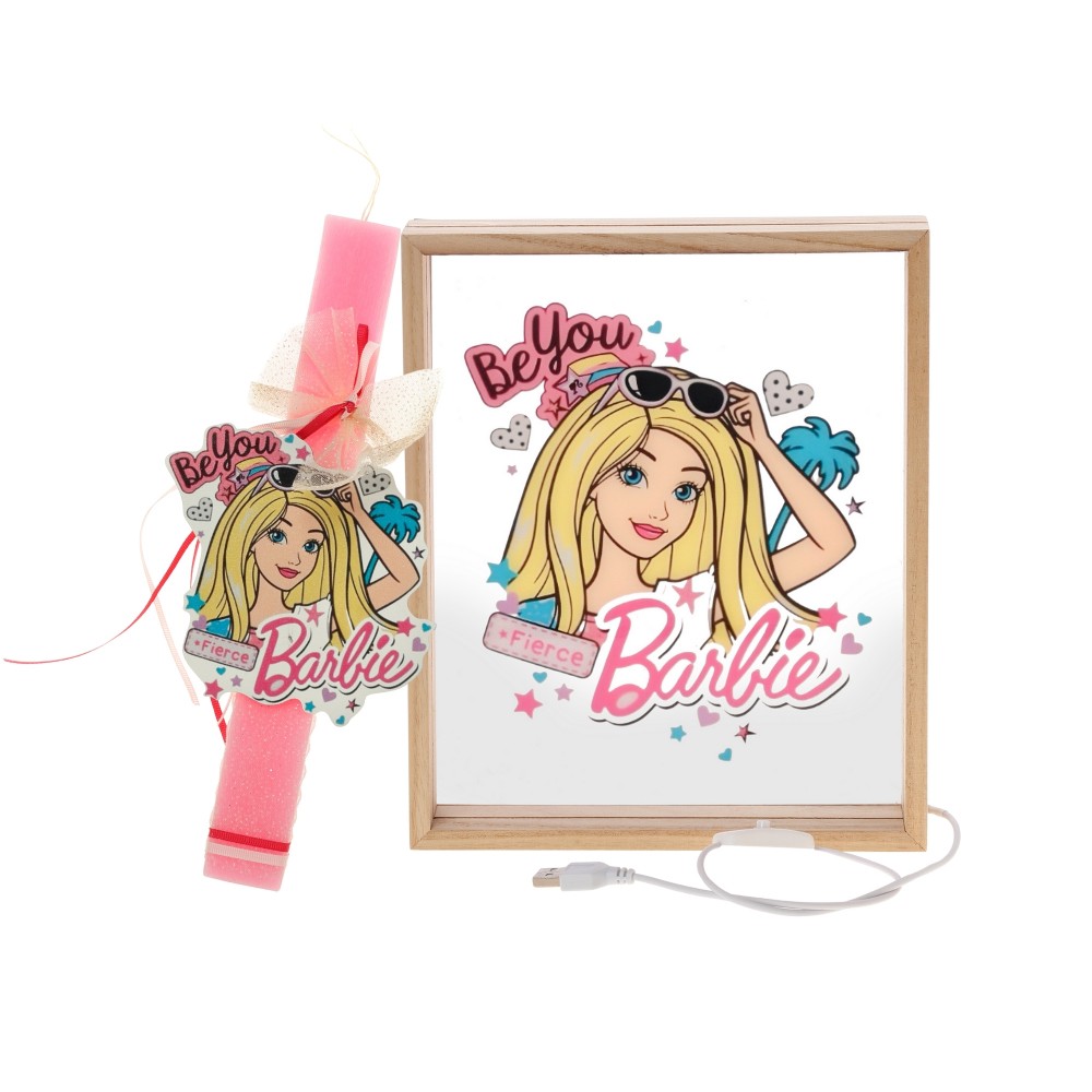 Πασχαλινό Σετ Δώρου Barbie: Αρωματική Λαμπάδα & Ξύλινο Φωτιστικό Κάδρο LED