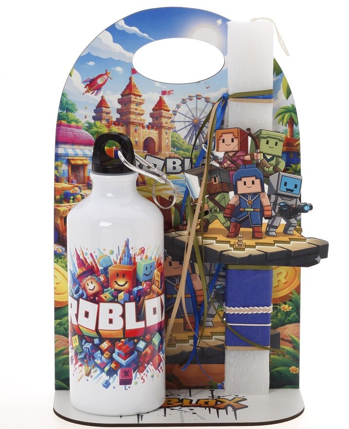 Πασχαλινό Σετ Δώρου Roblox: Αρωματική Λαμπάδα, Παγούρι & Ξύλινη Βάση