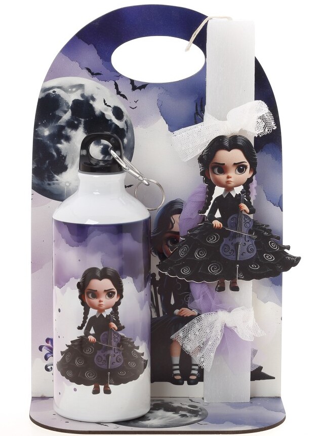 Πασχαλινό Σετ Δώρου Wednesday: Αρωματική Λαμπάδα, Παγούρι & Ξύλινη Βάση